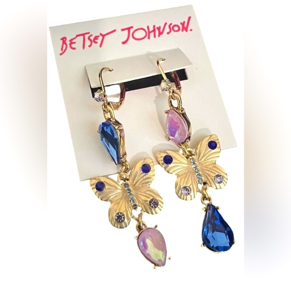 Betsey Johnson NWT Gold Tone Crystal Butterfly Mismatch Drop Earrings (J044) - Picture 3 of 6
